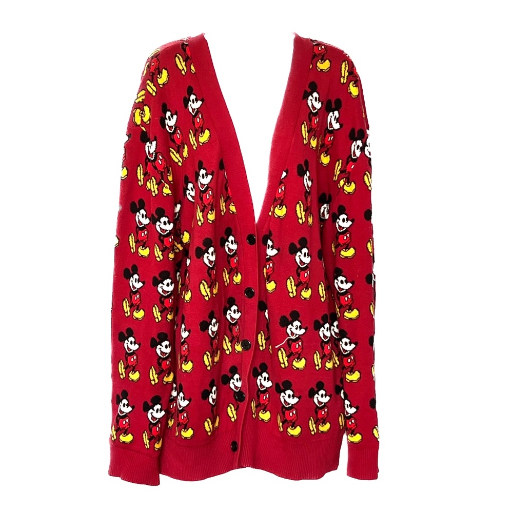 Disney Mickey Mouse Cardigan Sweater All Over Print Red Yellow Sz XL 100% Cotton